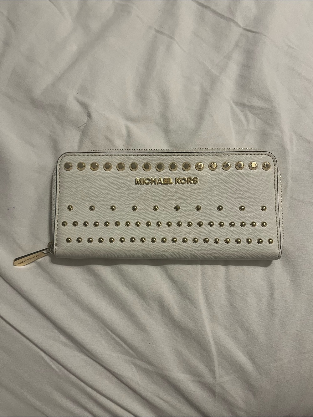 Michael Kors White Zip-Around Wallet with Gold Stud Accents